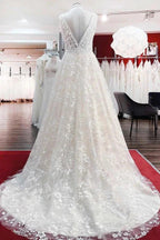 Beautiful Long A-Line Lace Appliques Tulle Open Back Wedding Dresses by BIZTUNNEL