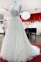 Beautiful Long A-Line Lace Appliques Tulle Open Back Wedding Dresses by BIZTUNNEL