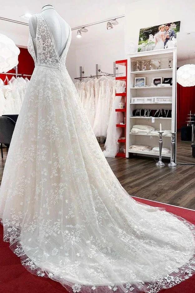 Beautiful Long A-Line Lace Appliques Tulle Open Back Wedding Dresses by BIZTUNNEL