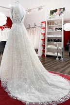 Beautiful Long A-Line Lace Appliques Tulle Open Back Wedding Dresses by BIZTUNNEL