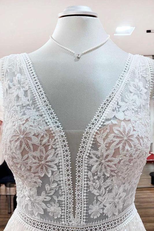 Beautiful Long A-Line Lace Appliques Tulle Open Back Wedding Dresses by BIZTUNNEL