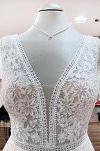 Beautiful Long A-Line Lace Appliques Tulle Open Back Wedding Dresses by BIZTUNNEL