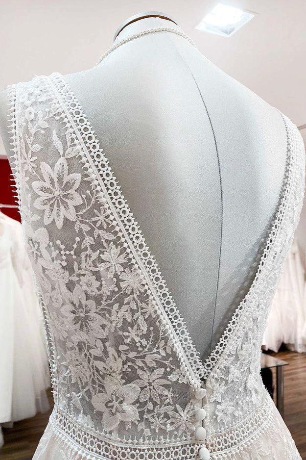 Beautiful Long A-Line Lace Appliques Tulle Open Back Wedding Dresses by BIZTUNNEL