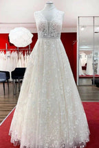 Beautiful Long A-Line Lace Appliques Tulle Open Back Wedding Dresses by BIZTUNNEL