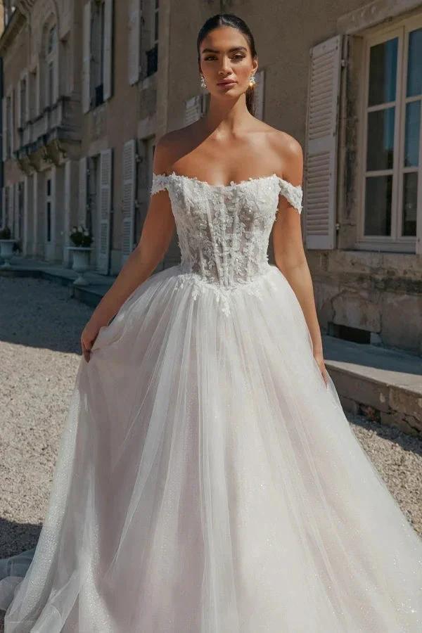 Beautiful Long A-line Off-the-shoulder Appliques Tulle Wedding Dress by misshow.com