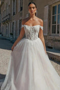 Beautiful Long A-line Off-the-shoulder Appliques Tulle Wedding Dress by misshow.com