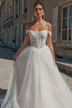 Beautiful Long A-line Off-the-shoulder Appliques Tulle Wedding Dress by misshow.com