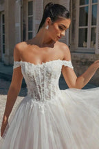 Beautiful Long A-line Off-the-shoulder Appliques Tulle Wedding Dress by misshow.com