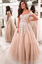 Beautiful Long A-Line Off-the-Shoulder Lace Backless Tulle Prom Dress by BIZTUNNEL