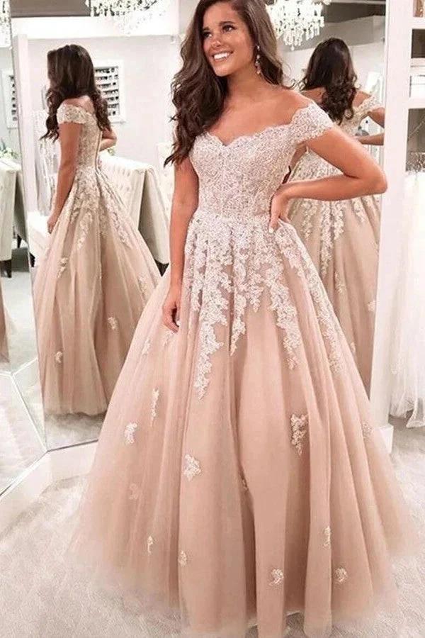 Beautiful Long A-Line Off-the-Shoulder Lace Backless Tulle Prom Dress by BIZTUNNEL