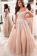Beautiful Long A-Line Off-the-Shoulder Lace Backless Tulle Prom Dress by BIZTUNNEL