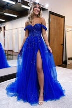 Beautiful Long A-line Off-the-shoulder Lace Prom Dress With Slit by misshow.com