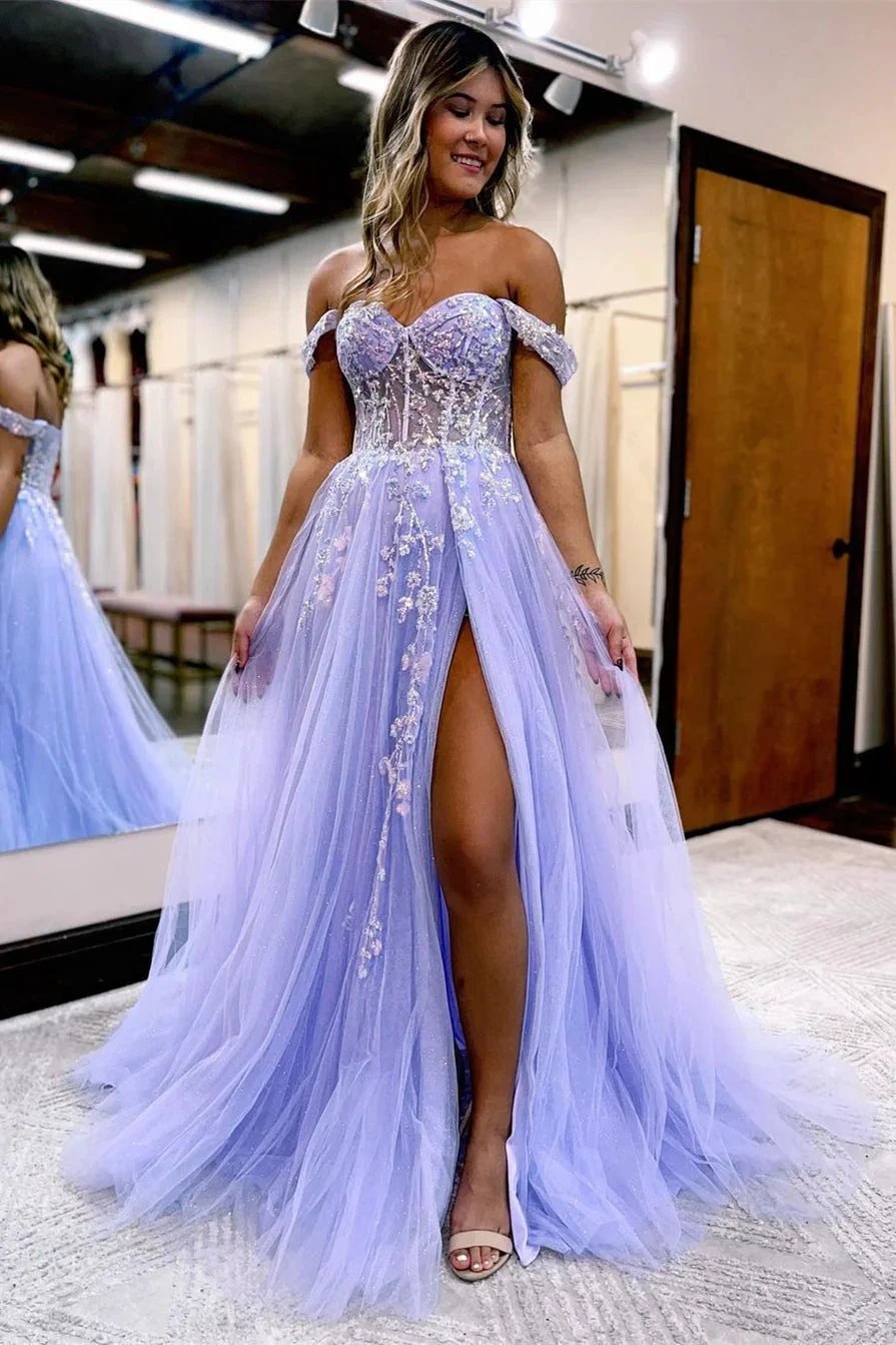 Beautiful Long A-line Off-the-shoulder Lace Prom Dress With Slit by misshow.com