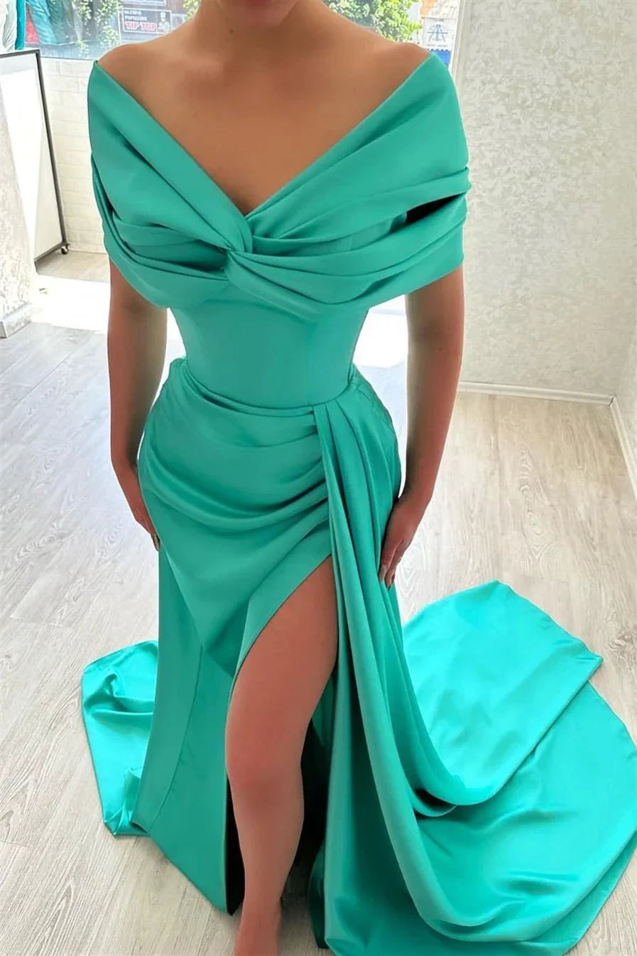 Beautiful Long A-line Off-the-shoulder Prom Dress With Slit by misshow.com