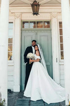 Beautiful Long A-line Off the Shoulder Satin Wedding Dresses by BIZTUNNEL