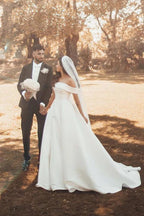 Beautiful Long A-line Off the Shoulder Satin Wedding Dresses by BIZTUNNEL