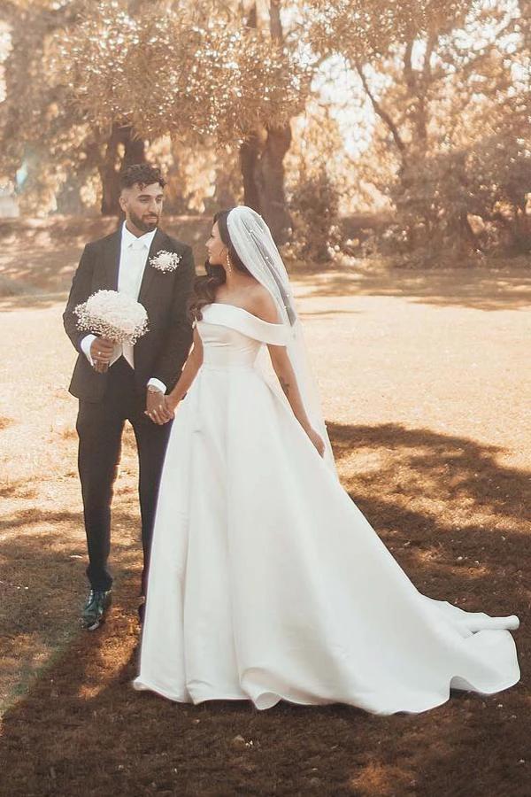 Beautiful Long A-line Off the Shoulder Satin Wedding Dresses by BIZTUNNEL