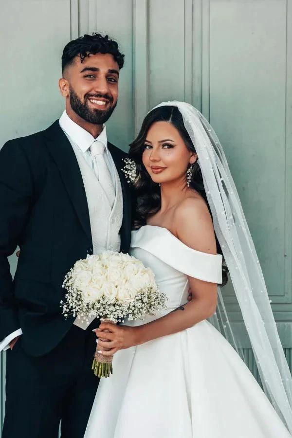 Beautiful Long A-line Off the Shoulder Satin Wedding Dresses by BIZTUNNEL