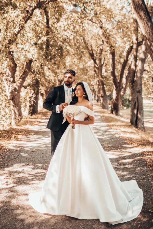 Beautiful Long A-line Off the Shoulder Satin Wedding Dresses by BIZTUNNEL