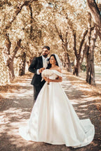 Beautiful Long A-line Off the Shoulder Satin Wedding Dresses by BIZTUNNEL