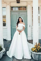 Beautiful Long A-line Off the Shoulder Satin Wedding Dresses by BIZTUNNEL