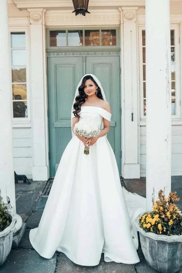 Beautiful Long A-line Off the Shoulder Satin Wedding Dresses by BIZTUNNEL