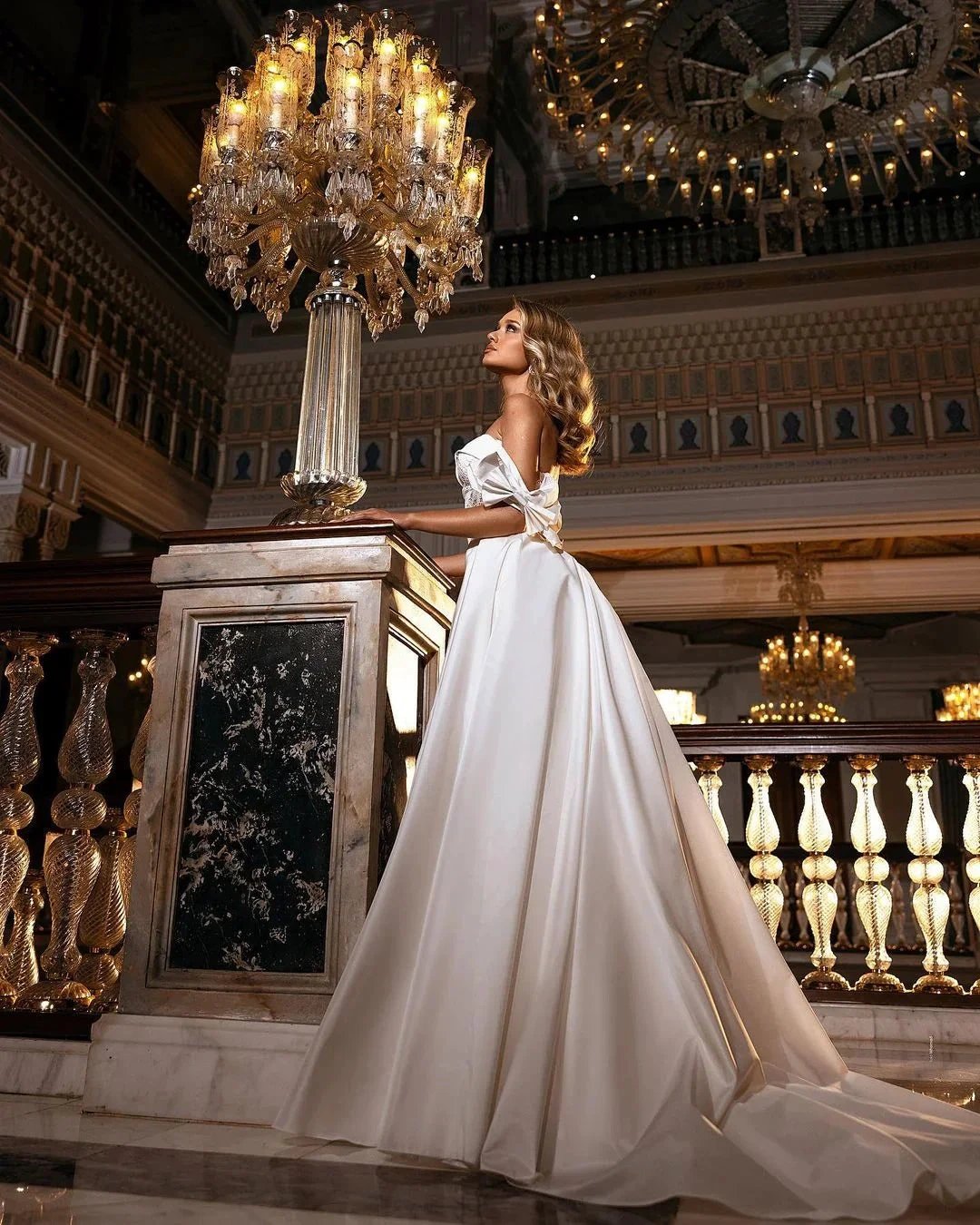Beautiful Long A-line Off-the-shoulder Sweetheart Appliques Lace Satin Wedding Dress by BIZTUNNEL