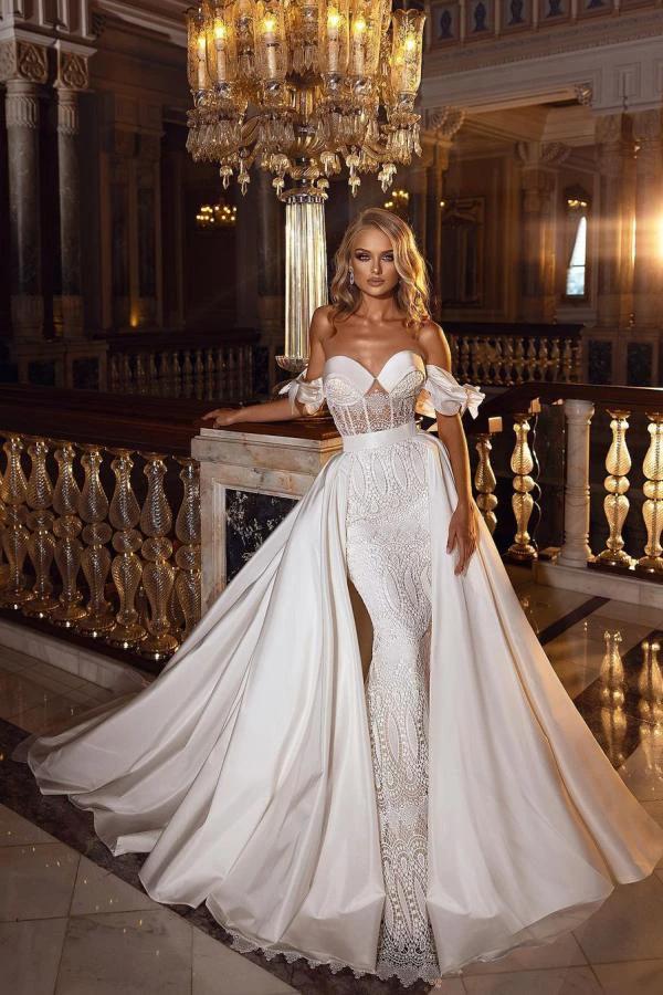 Beautiful Long A-line Off-the-shoulder Sweetheart Appliques Lace Satin Wedding Dress by BIZTUNNEL