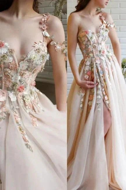 Beautiful Long A-line One Shoulder Flowers Evening Dresses With Slit by misshow.com