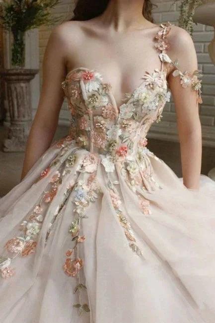 Beautiful Long A-line One Shoulder Flowers Evening Dresses With Slit by misshow.com