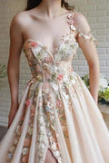Beautiful Long A-line One Shoulder Flowers Evening Dresses With Slit by misshow.com