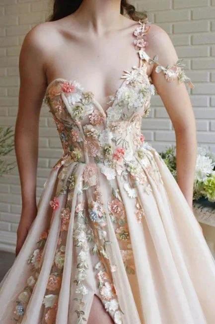 Beautiful Long A-line One Shoulder Flowers Evening Dresses With Slit by misshow.com