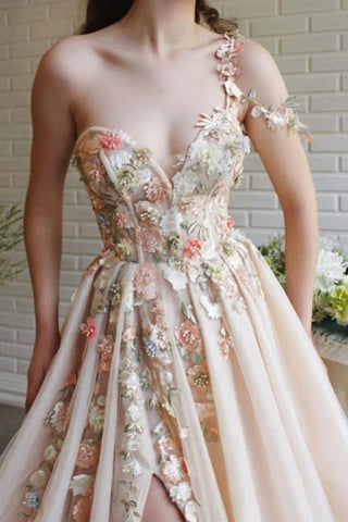 Schöne lange A-Linie One-Shoulder-Blumen-Abendkleider mit Schlitz