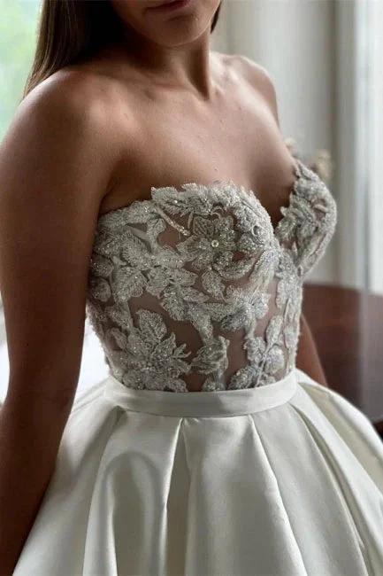 Beautiful Long A-Line Satin Beading Sleeveless Wedding Dresses With Lace by misshow.com
