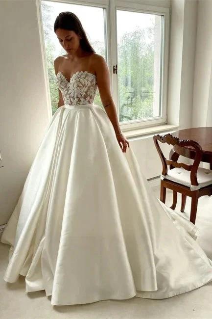 Beautiful Long A-Line Satin Beading Sleeveless Wedding Dresses With Lace by misshow.com