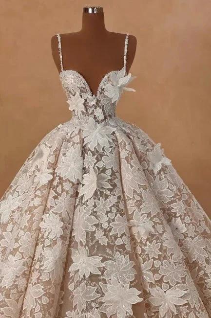 Beautiful Long A-line Spaghetti Straps Lace Appliques Sleeveless Wedding Dresses by misshow.com