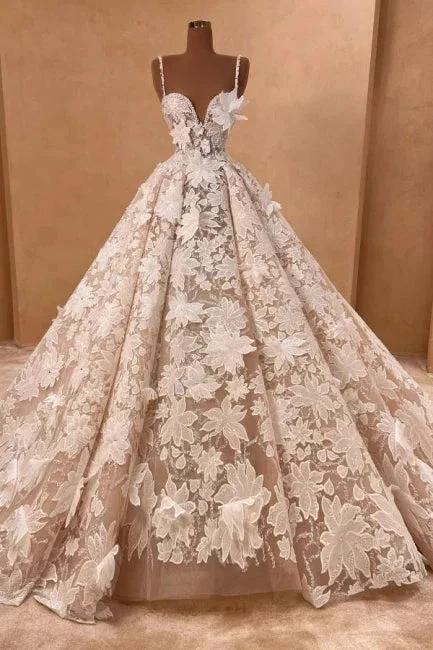 Beautiful Long A-line Spaghetti Straps Lace Appliques Sleeveless Wedding Dresses by misshow.com