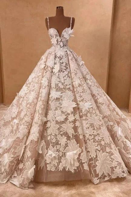 Beautiful Long A-line Spaghetti Straps Lace Appliques Sleeveless Wedding Dresses by misshow.com
