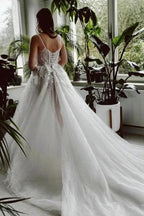 Beautiful Long A-line Spaghetti Straps Tulle Lace Wedding Dress With Slit by misshow.com