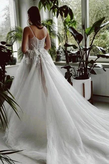 Beautiful Long A-line Spaghetti Straps Tulle Lace Wedding Dress With Slit by misshow.com