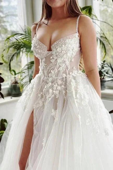 Beautiful Long A-line Spaghetti Straps Tulle Lace Wedding Dress With Slit by misshow.com