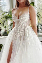 Beautiful Long A-line Spaghetti Straps Tulle Lace Wedding Dress With Slit by misshow.com