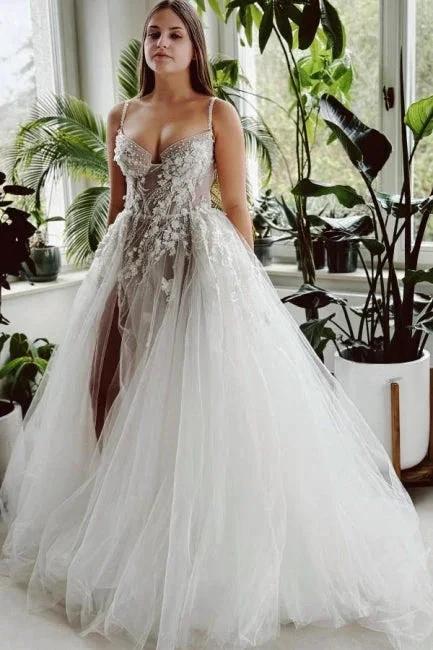 Beautiful Long A-line Spaghetti Straps Tulle Lace Wedding Dress With Slit by misshow.com
