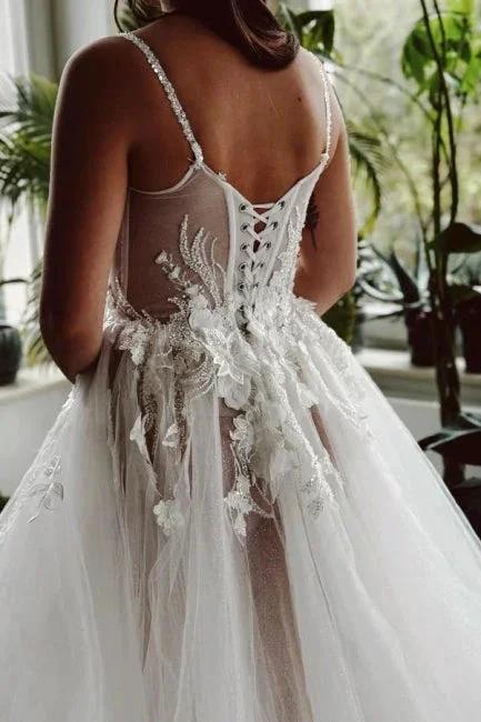 Beautiful Long A-line Spaghetti Straps Tulle Lace Wedding Dress With Slit by misshow.com