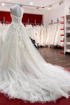 Beautiful Long A-line Strapless Tulle Ivory Wedding Dress with Appliques Lace by BIZTUNNEL