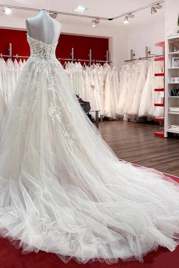 Beautiful Long A-line Strapless Tulle Ivory Wedding Dress with Appliques Lace by BIZTUNNEL