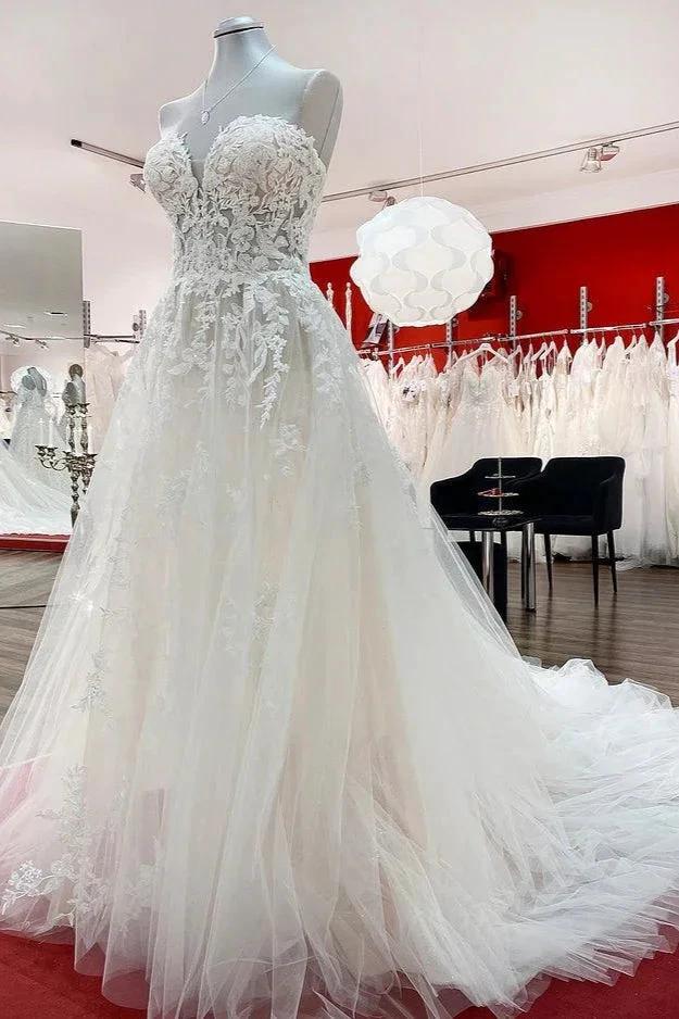 Beautiful Long A-line Strapless Tulle Ivory Wedding Dress with Appliques Lace by BIZTUNNEL