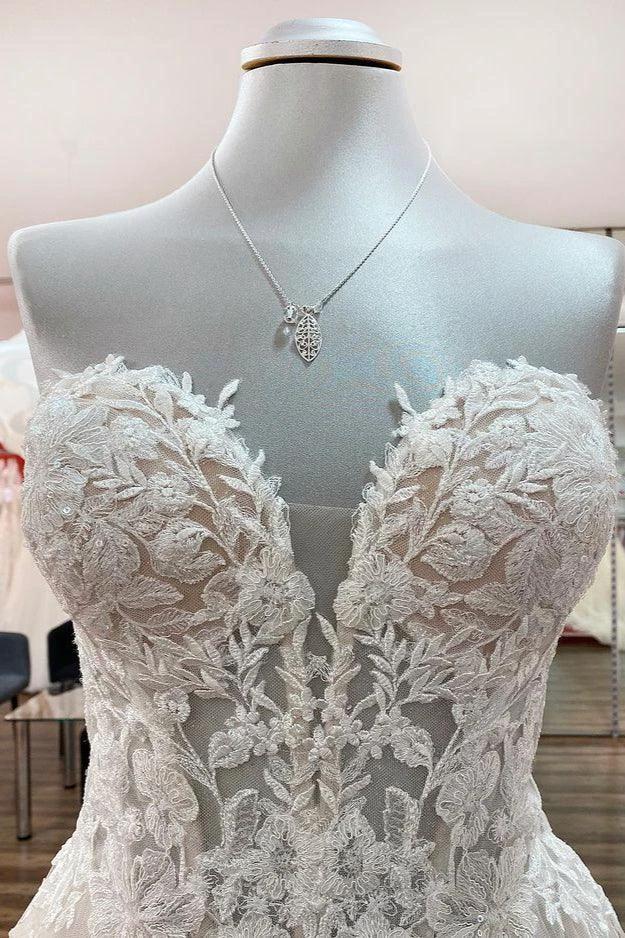 Beautiful Long A-line Strapless Tulle Ivory Wedding Dress with Appliques Lace by BIZTUNNEL