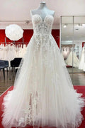 Beautiful Long A-line Strapless Tulle Ivory Wedding Dress with Appliques Lace by BIZTUNNEL