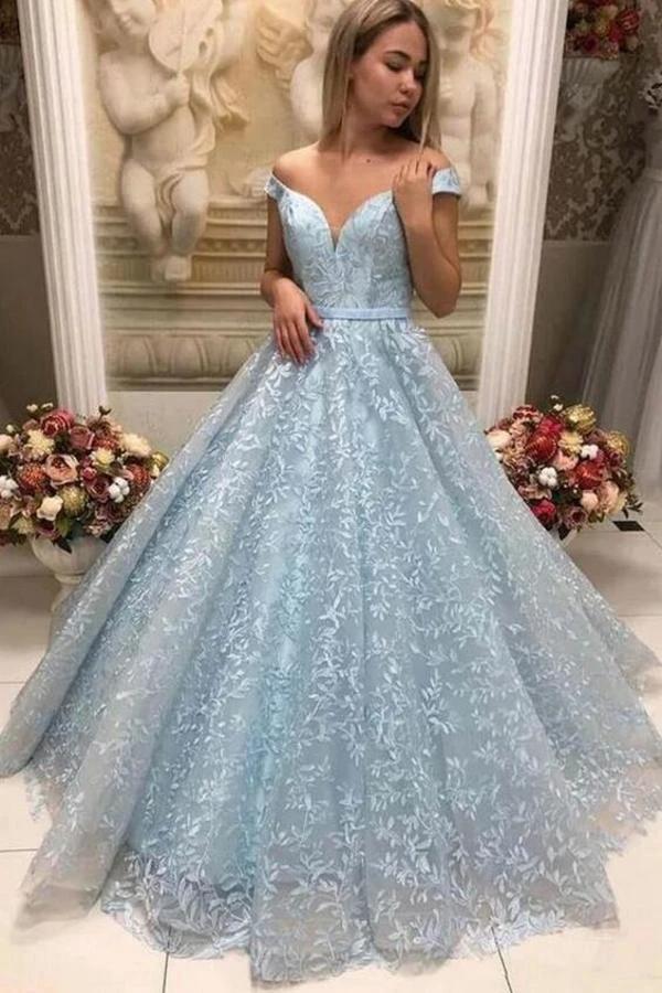 Beautiful Long A-line Sweetheart Off-the-shoulder Lace Prom Dress by BIZTUNNEL